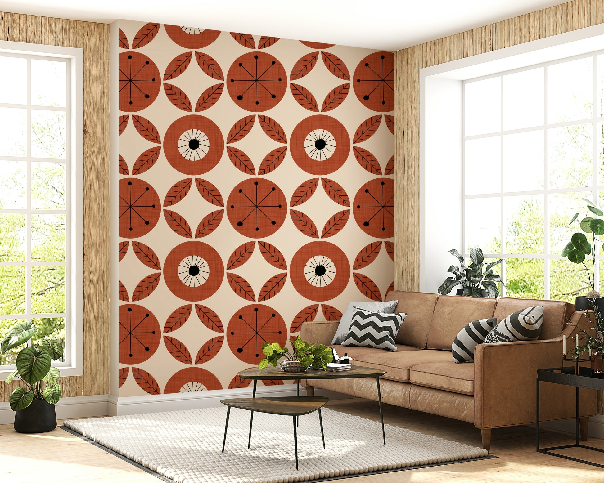 Mid-century floral wallpaper with geometric blooms and symmetrical leaf accents in warm tones.