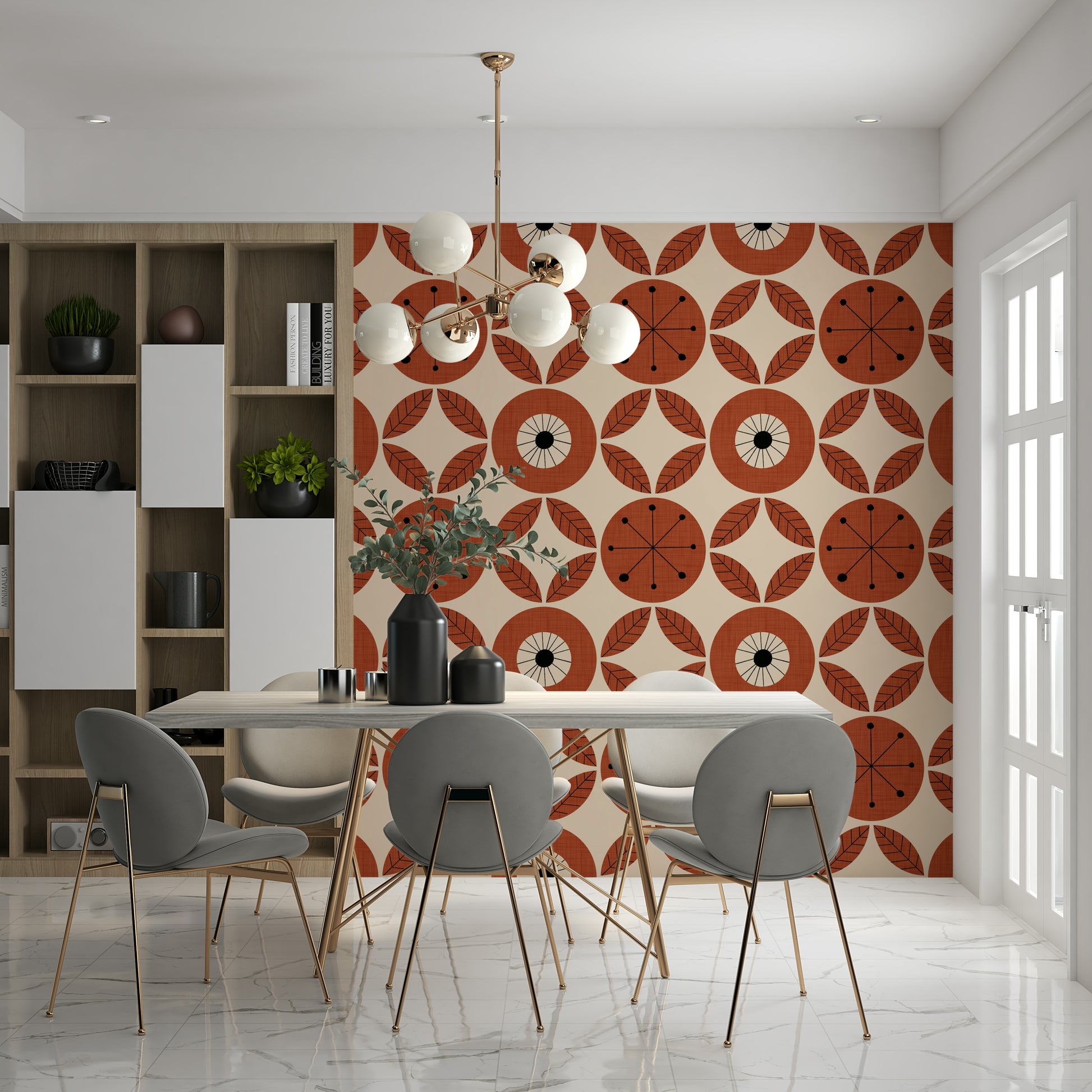Geometric retro wallpaper with terracotta blooms surrounded by stylized leaf shapes.