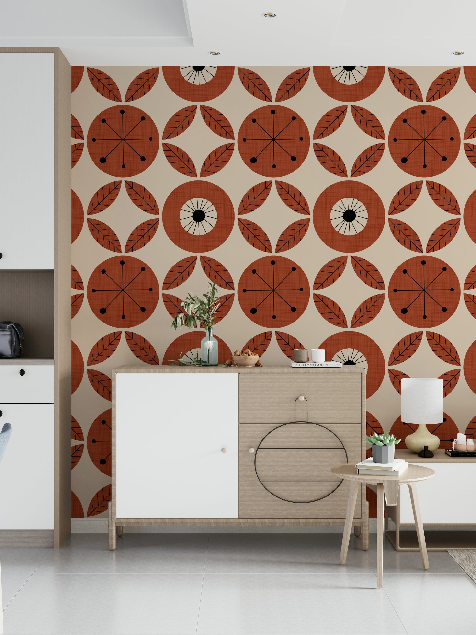 Chic vintage floral wallpaper with terracotta flower medallions and geometric leaf arrangements.