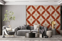 Mid-century inspired wallpaper with geometric tile patterns and bold starburst accents.