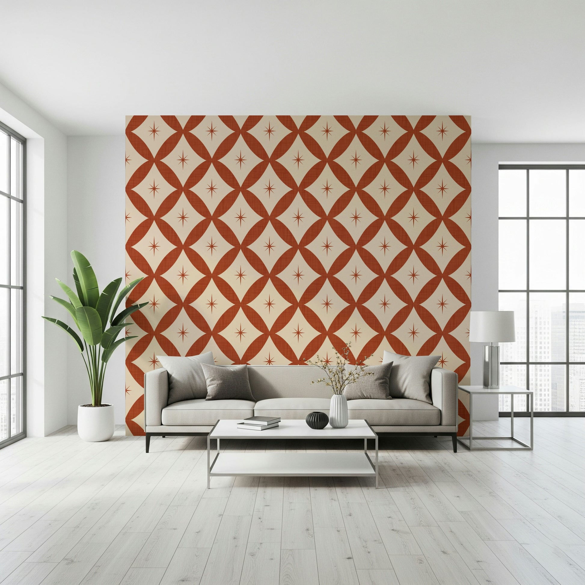 Classic mid-century tile pattern wallpaper with terracotta lattice and star motifs.