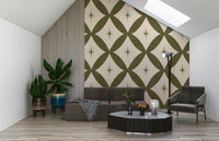 Mid-century inspired wallpaper with repeating diamond lattice and subtle star accents.