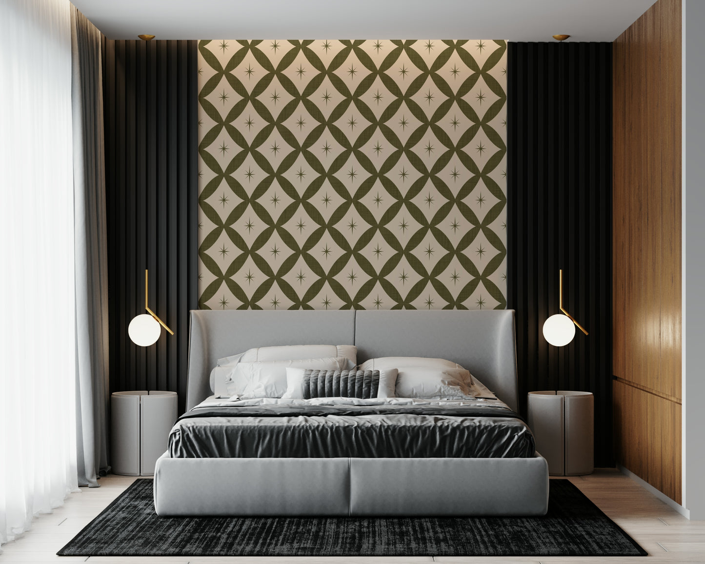 Retro-style wallpaper with symmetrical diamond shapes and tiny centered stars in earthy tones.