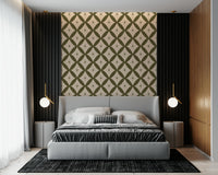 Retro-style wallpaper with symmetrical diamond shapes and tiny centered stars in earthy tones.