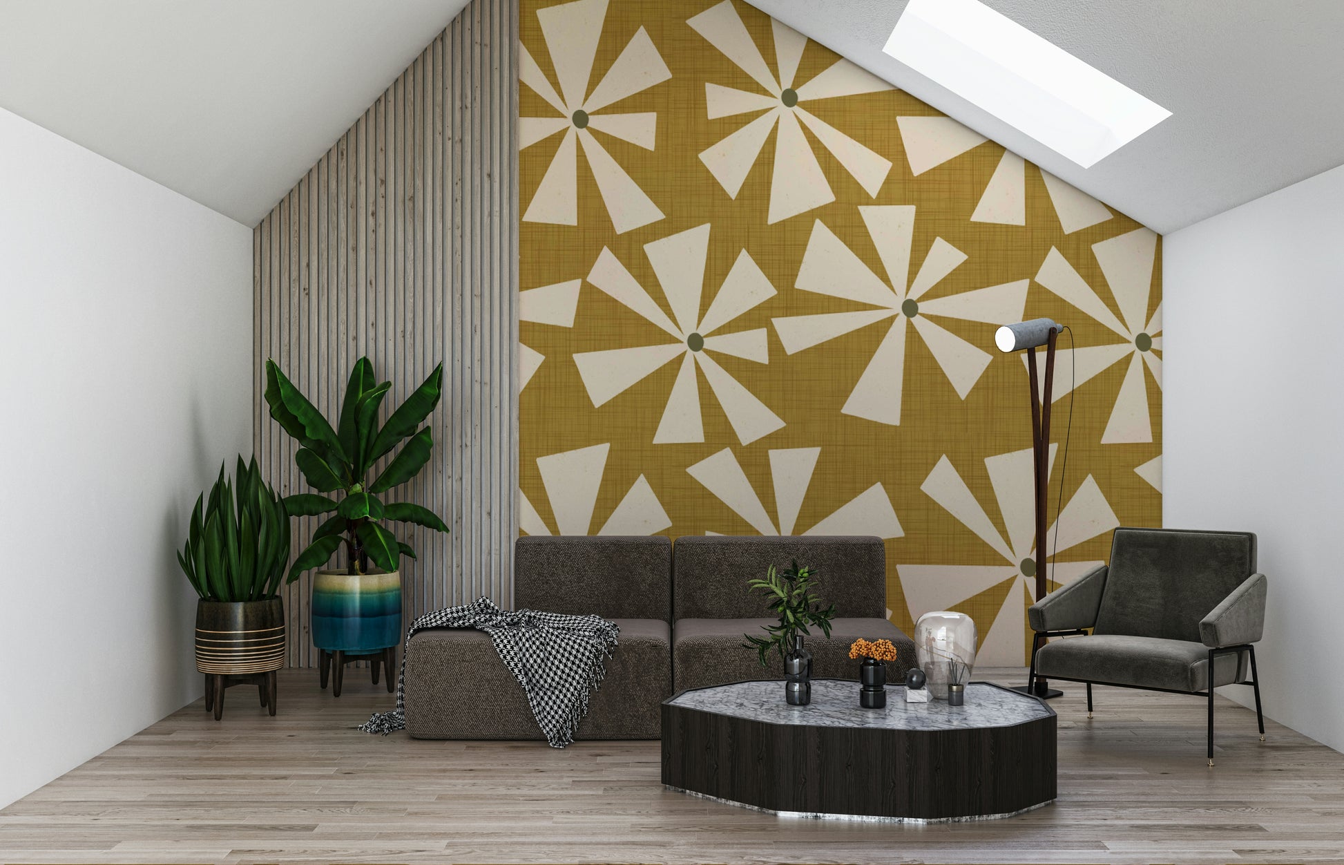 Abstract sunburst bloom wallpaper with mid-century pinwheel motifs in muted mustard shades.