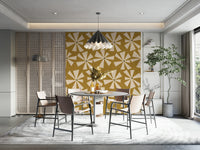 Geometric floral wallpaper with star-like cream blooms arranged in a scattered retro pattern.
