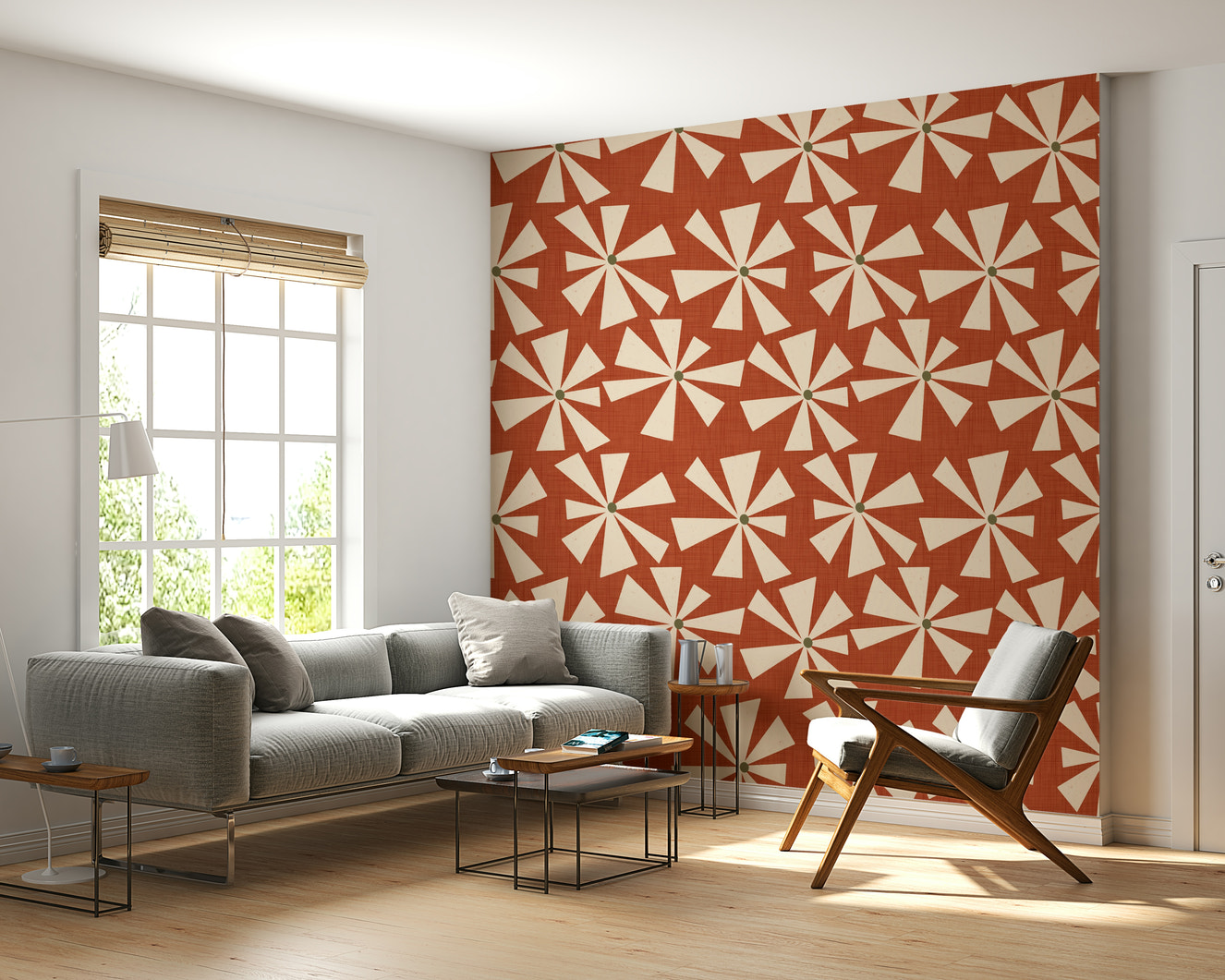 Retro wallpaper featuring cream starburst shapes on a warm terracotta background.