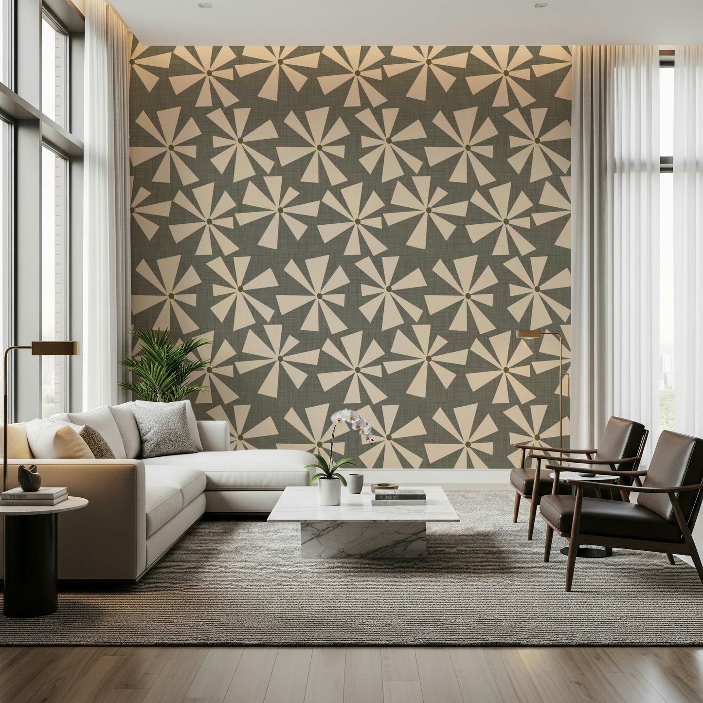 Geometric mid-century floral wallpaper with radiating petal shapes on a textured green backdrop.