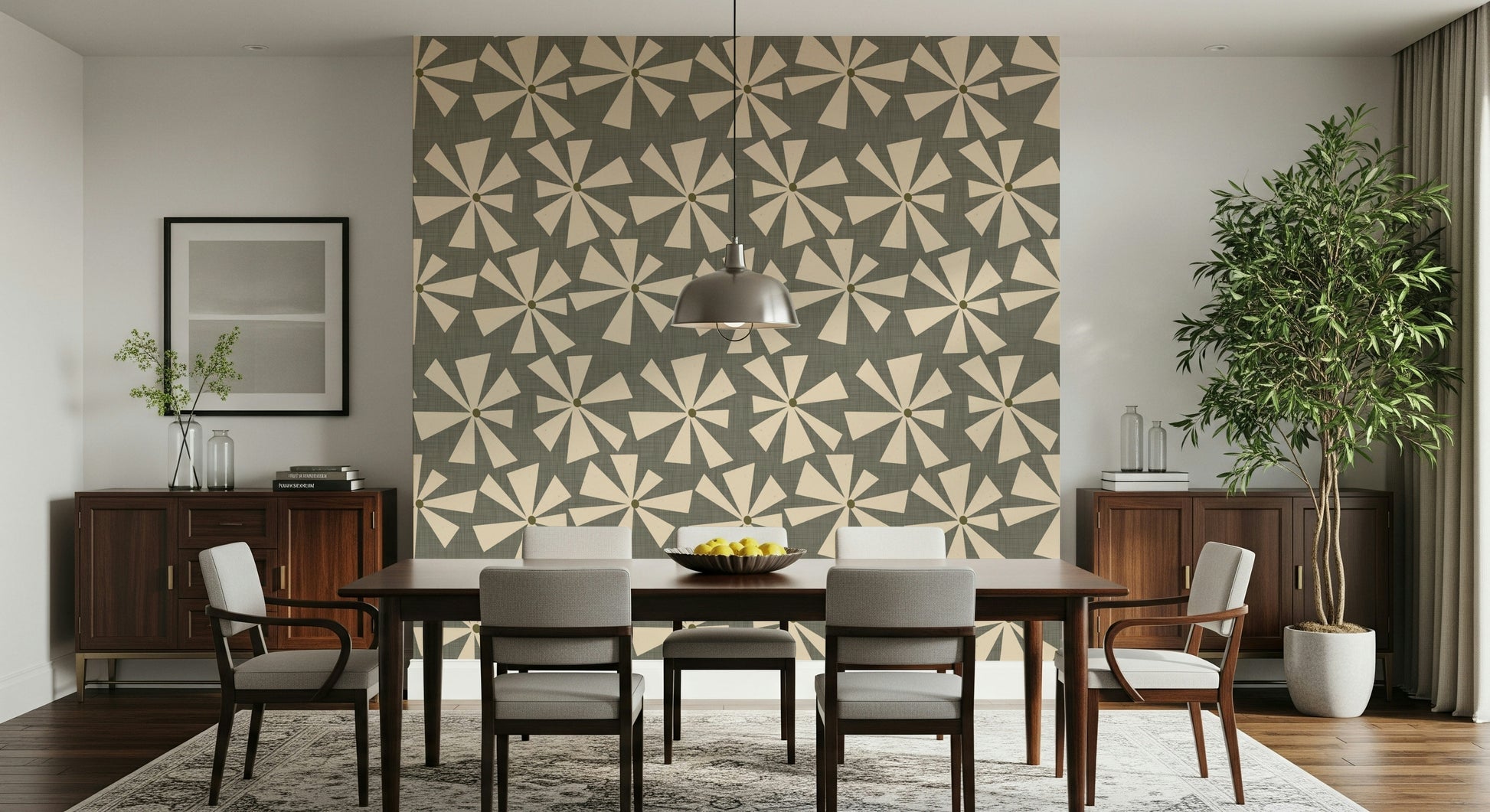 Soft geometric floral wallpaper with scattered starburst blooms for a mid-century look.