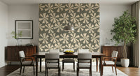 Soft geometric floral wallpaper with scattered starburst blooms for a mid-century look.