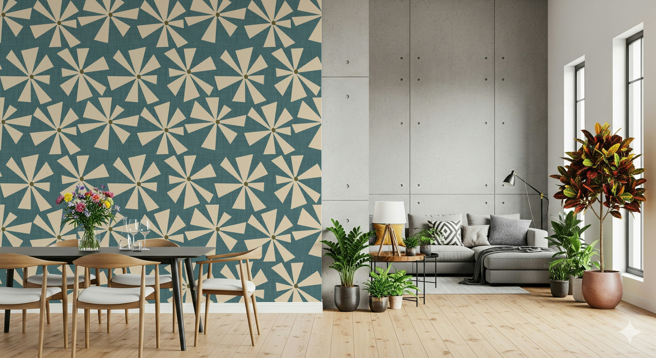 Abstract floral radiance wallpaper featuring starburst flower shapes on a teal background.