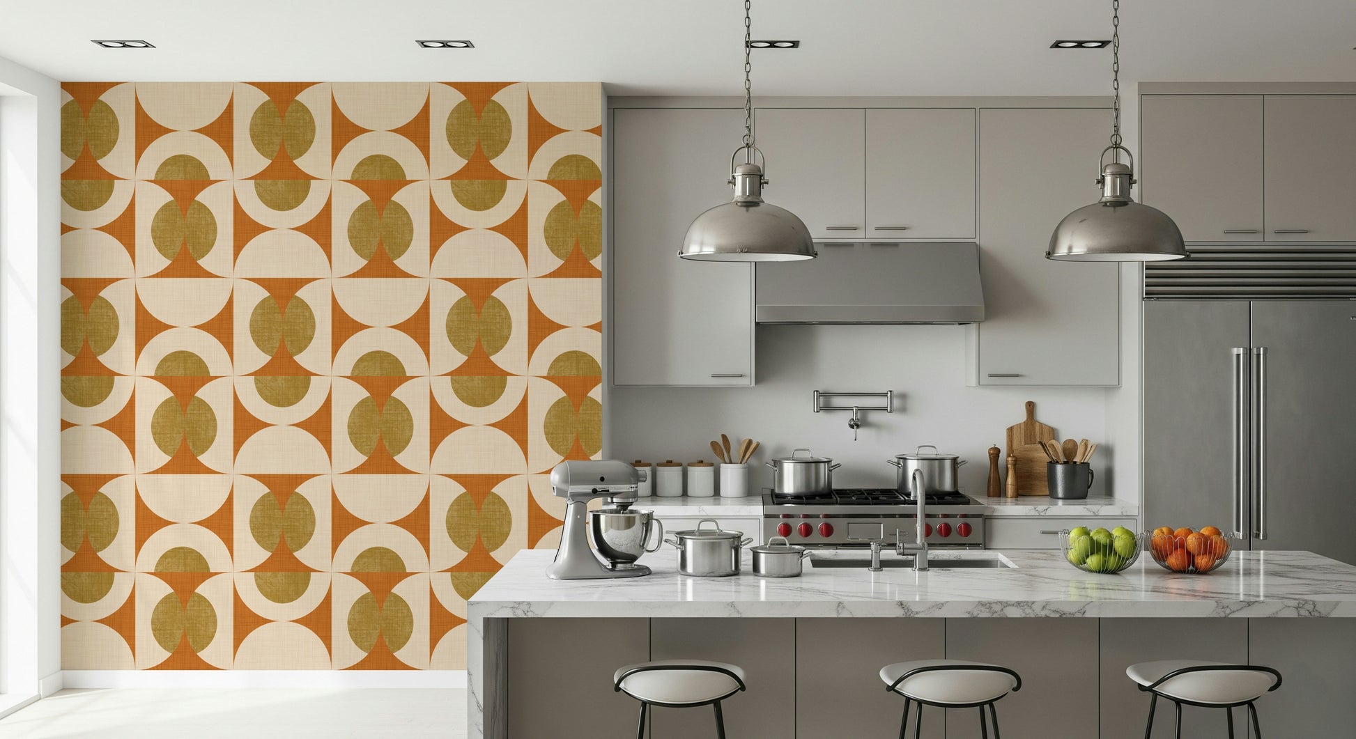 Mid-century geometric wallpaper with symmetrical arcs and oval motifs in earthy colors.