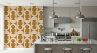 Mid-century geometric wallpaper with symmetrical arcs and oval motifs in earthy colors.