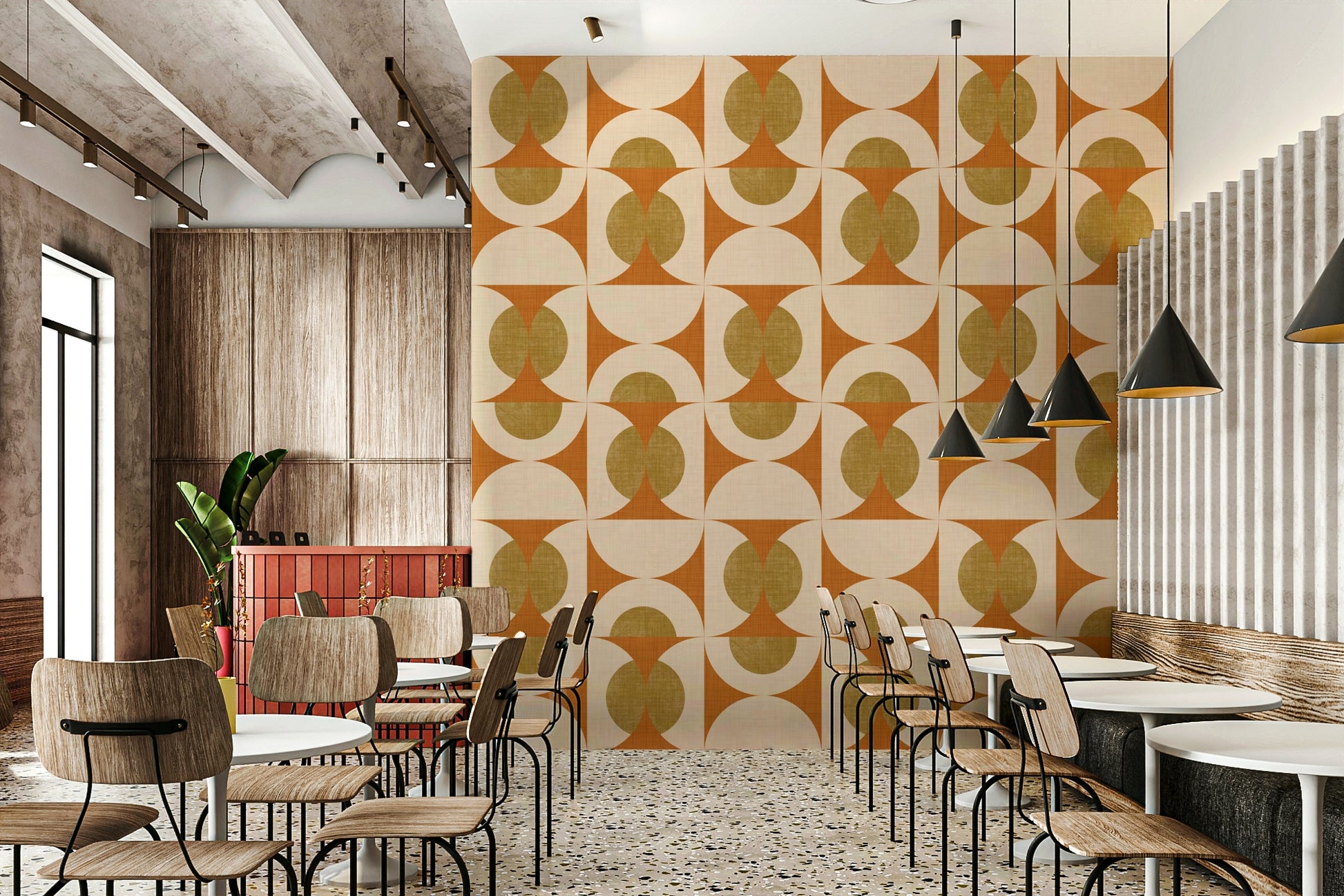 Geometric arc pattern wallpaper with bold curved designs arranged in a rhythmic grid.