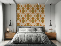 Vintage-style wallpaper featuring layered arcs and circular shapes in warm muted shades.