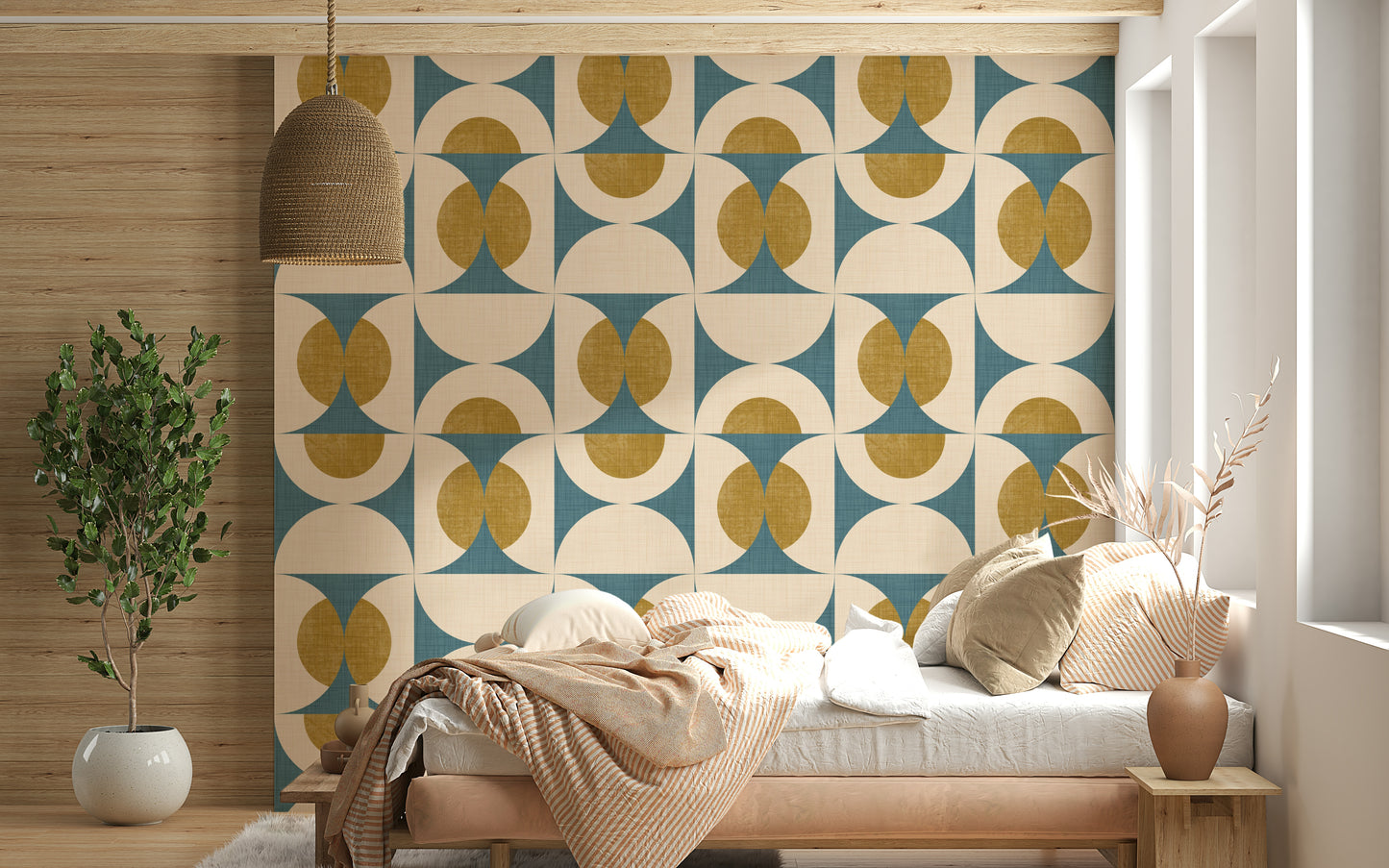 Abstract geometric wall pattern with intersecting curved shapes in muted tones.