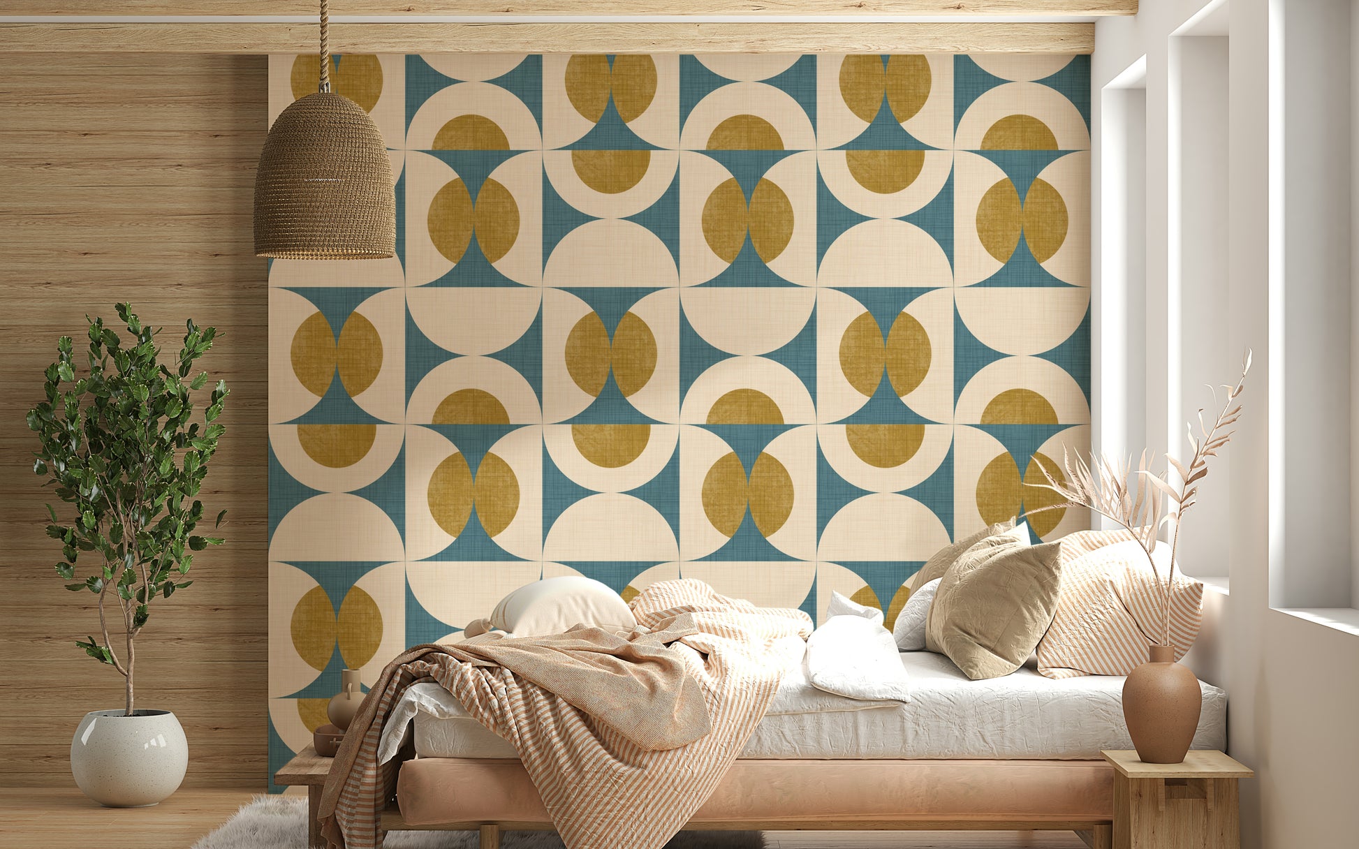 Abstract geometric wall pattern with intersecting curved shapes in muted tones.