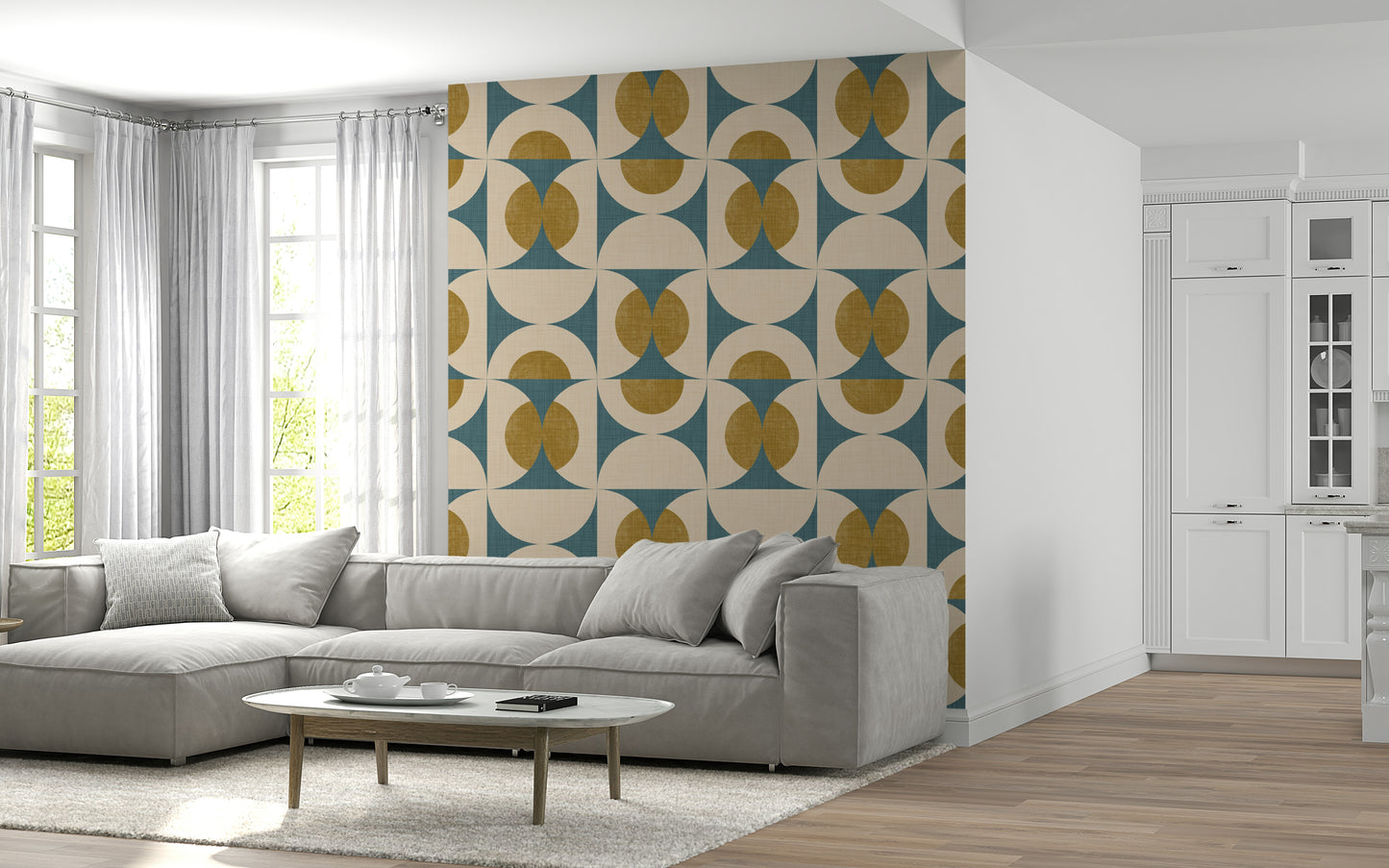 Contemporary wallpaper with repeating arc motifs in a retro color palette.