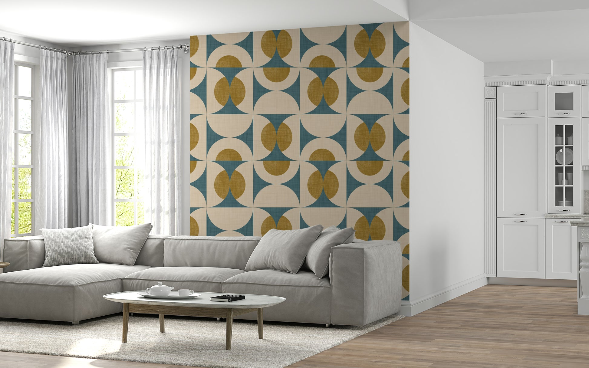 Contemporary wallpaper with repeating arc motifs in a retro color palette.
