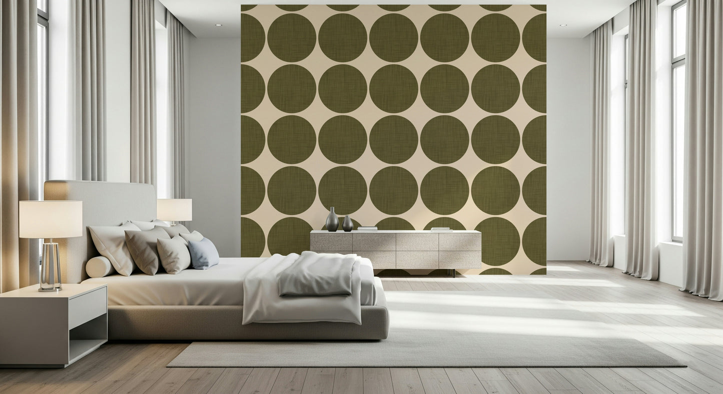 Decorative dot wallpaper with uniform olive-brown circles forming a simple repeating pattern