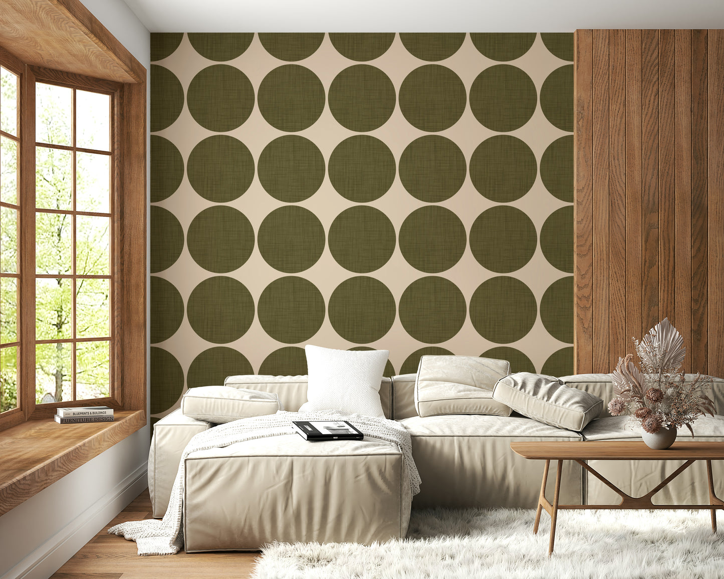 Beige wallpaper decorated with large olive circles that display a natural linen-like texture