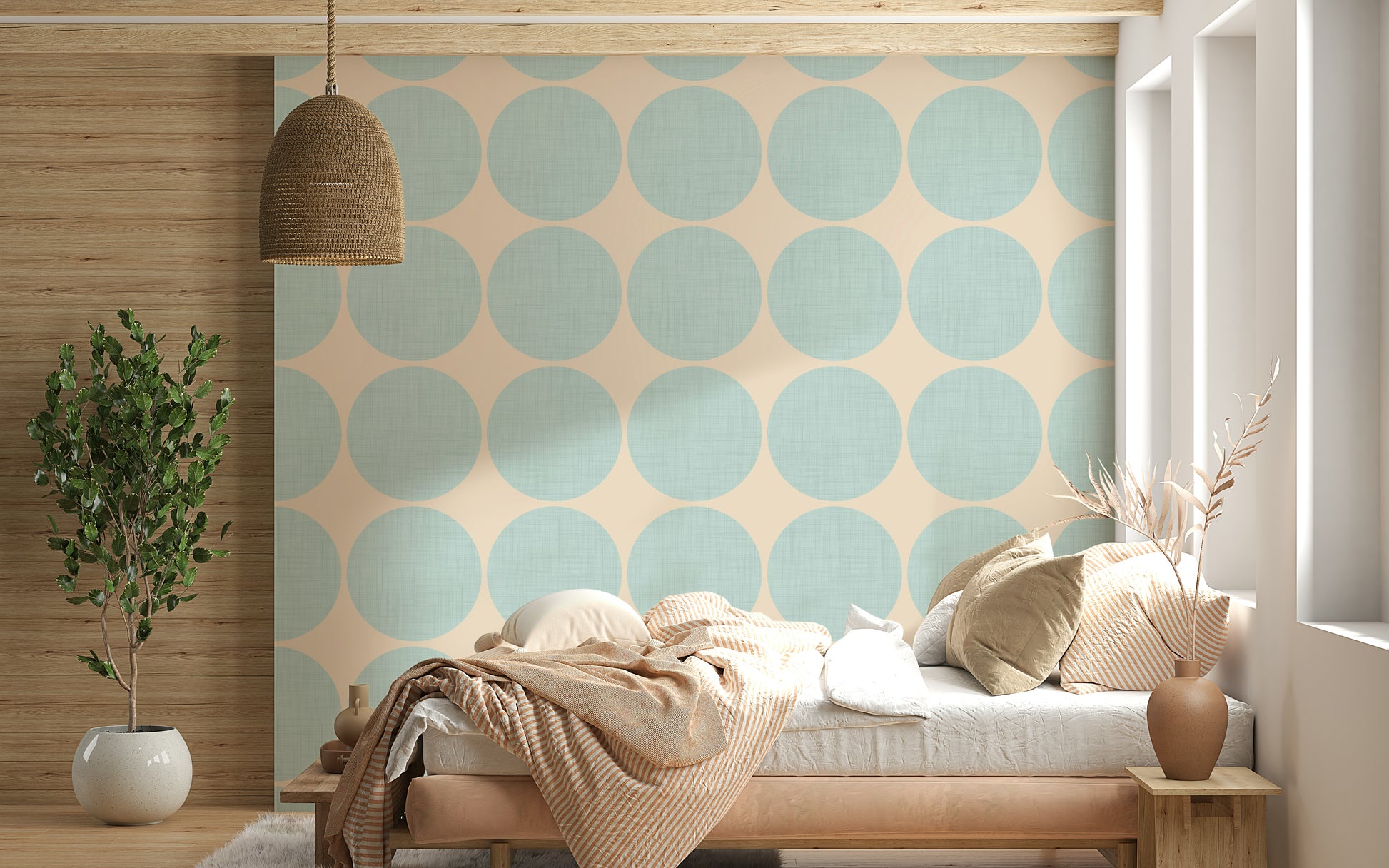 Modern geometric wallpaper with oversized aqua dots arranged in a clean repeating grid