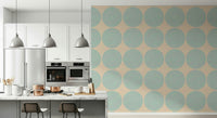 Aqua dot swirl wallpaper featuring large aqua circles with a subtle woven texture on a beige background