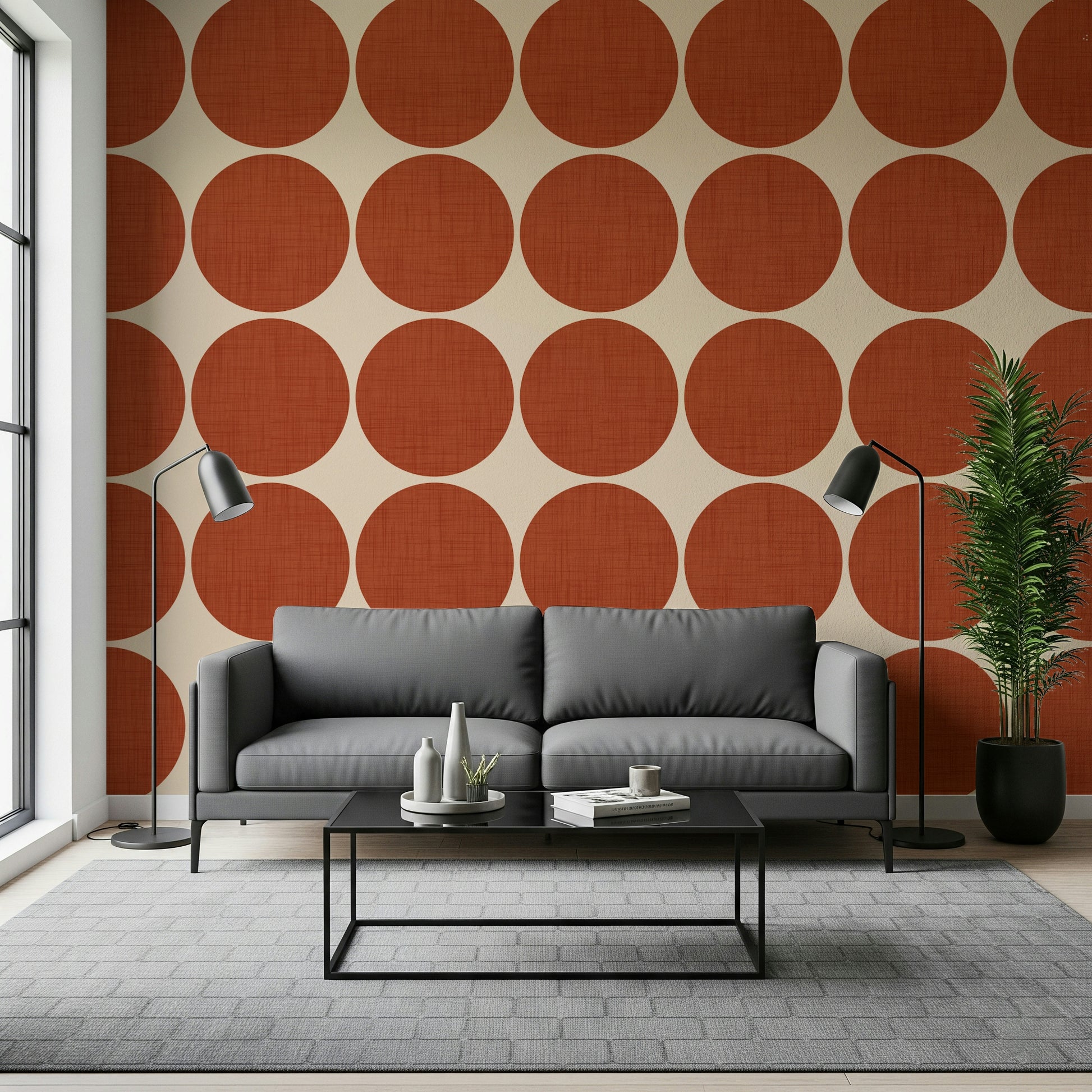 Clean and bold dot pattern with deep terracotta circles for a modern, stylish appeal