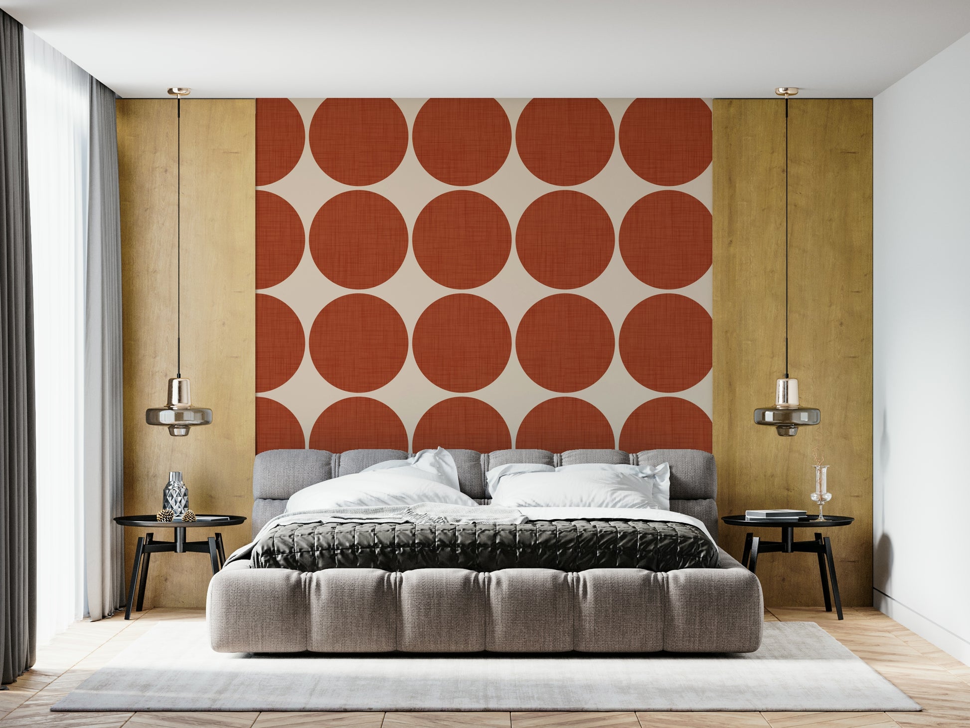 Decorative dot wallpaper with uniform terracotta circles creating a playful repeating pattern