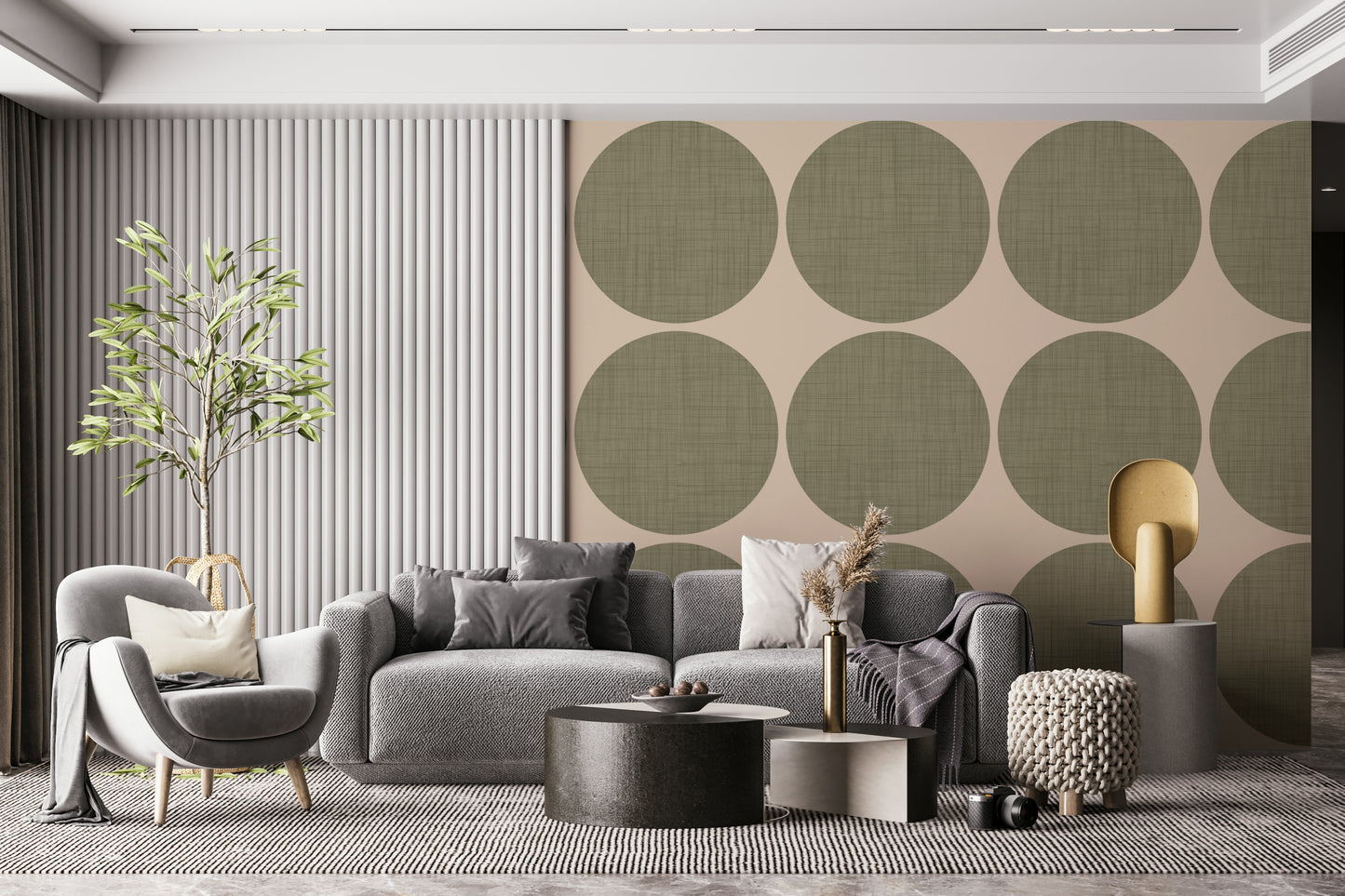 Repeating pattern of textured olive-green round shapes on a light neutral backdrop