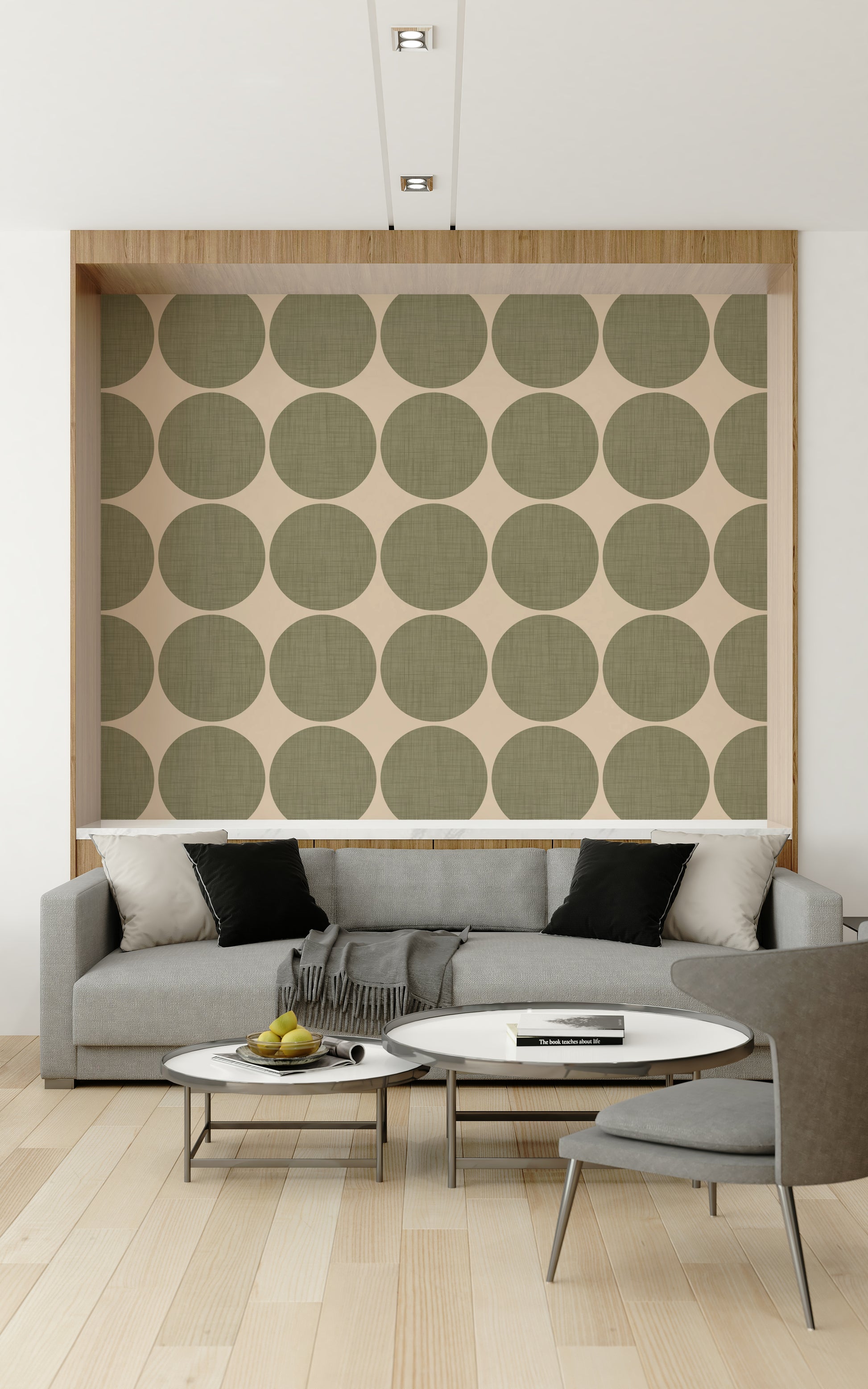 Contemporary wallpaper showcasing bold olive circles spaced evenly for a graphic look