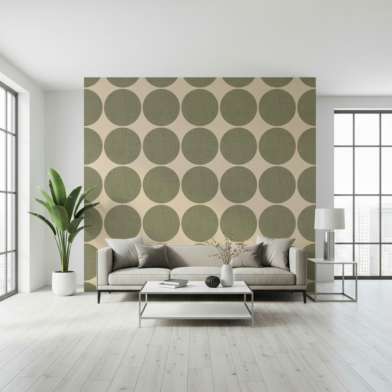 Olive circles wallpaper featuring large olive-green dots on a soft beige background
