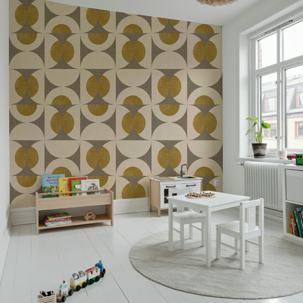 Mid-century modern arcs wallpaper featuring mustard yellow circles and gray geometric shapes on a cream background