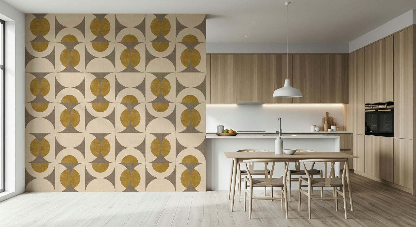 Retro-inspired wallpaper with overlapping arcs and circular motifs in mustard, gray, and cream
