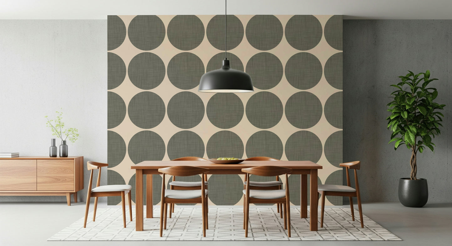 Modern textured circle motif with woven-style detailing on each green dot