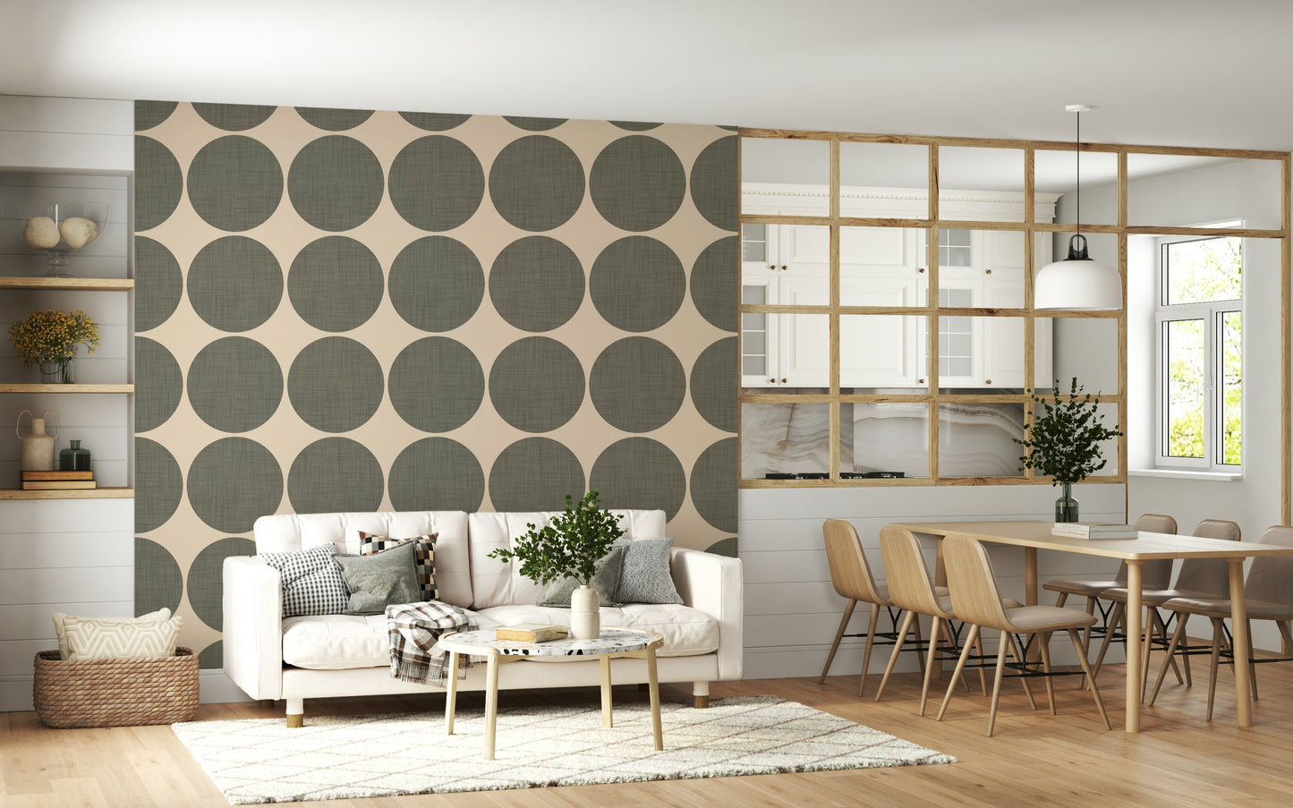 Repeating pattern of soft green circular shapes with a woven texture on an off-white backdrop