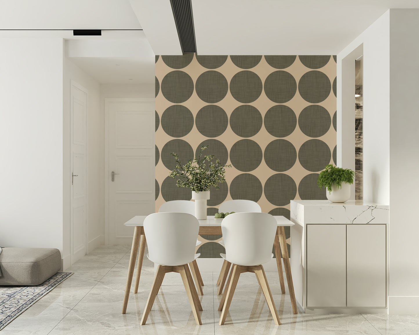 Contemporary wallpaper showcasing bold round dots arranged symmetrically for a clean graphic look
