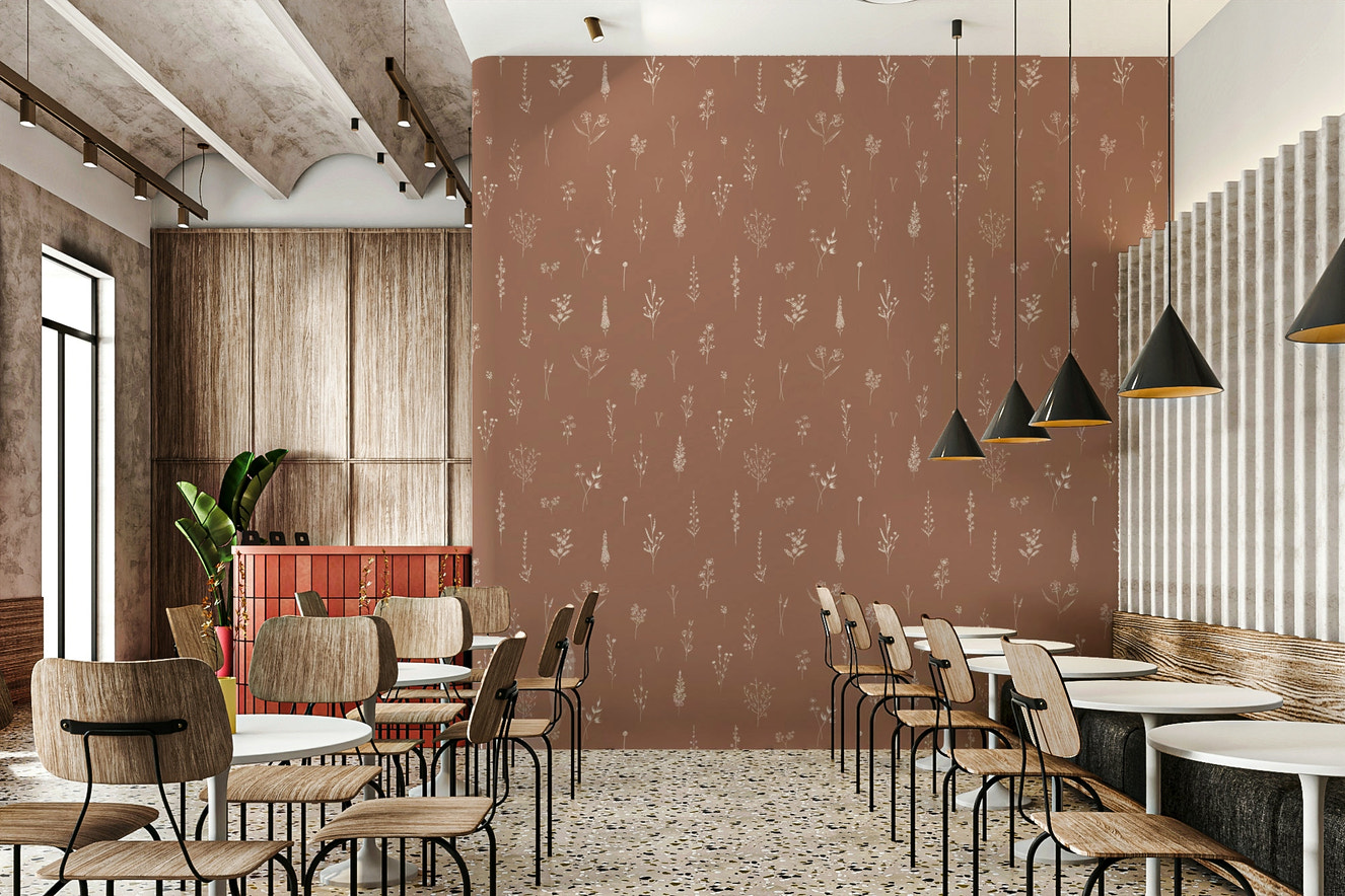 Rustic bloom sketch wallpaper featuring delicate cream floral line drawings on a warm brown background