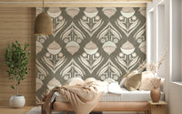 Modern textile-inspired wallpaper showcasing cream flowers and layered leaves in a structured layout