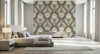 Contemporary floral motif with rounded buds, seed pods, and arched leaves in beige and cream