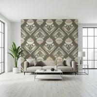 Neutral botanical wallpaper featuring abstract floral shapes arranged in a rhythmic repeating pattern