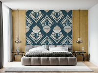 Geometric botanical artwork with layered leaves and circular blooms in soft neutral tones.