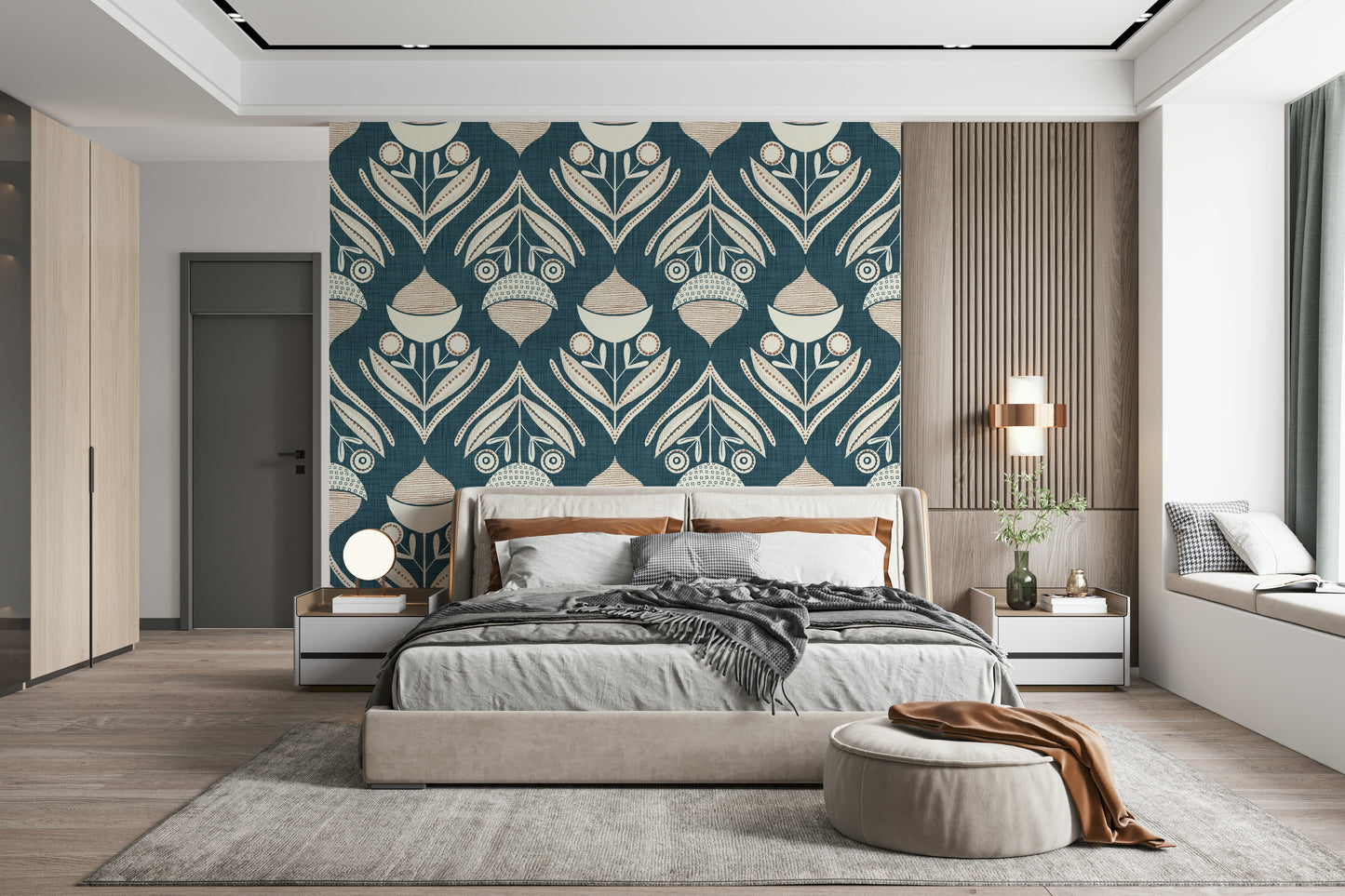 Symmetrical botanical wallpaper with patterned seed pods and abstract floral curves