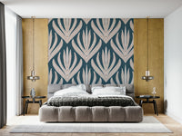 Artistic wallpaper mural with bold tribal-inspired botanical motifs in a structured layout.
