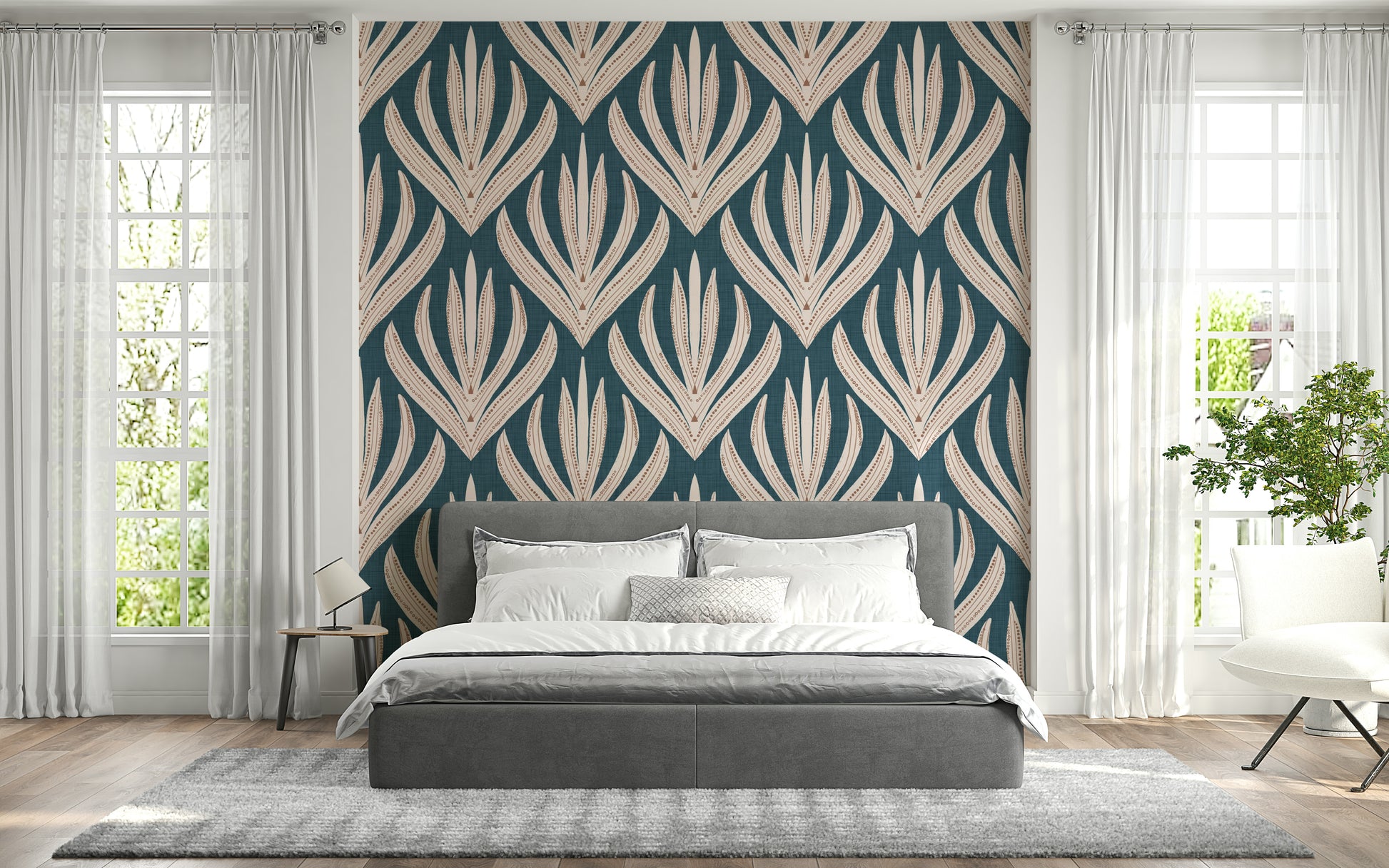 Graphic botanical wallpaper with repeating cream and rust Aztec motifs in a modern style.