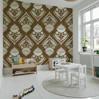 Rustic Floral wallpaper featuring abstract flower shapes and leaf motifs in a symmetrical pattern.