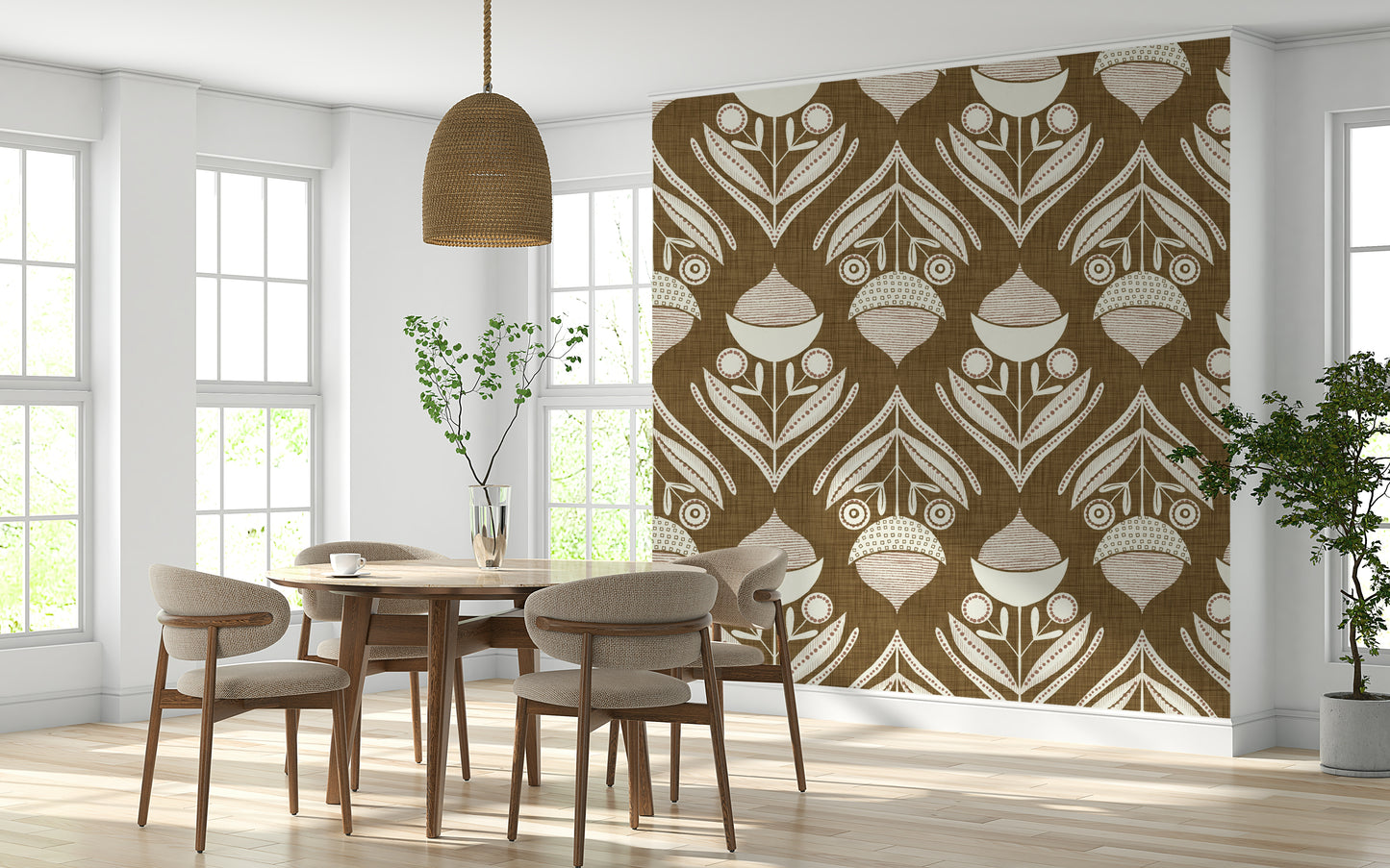 Patterned rustic wallpaper with symmetrical botanical illustrations and soft pastel accents.