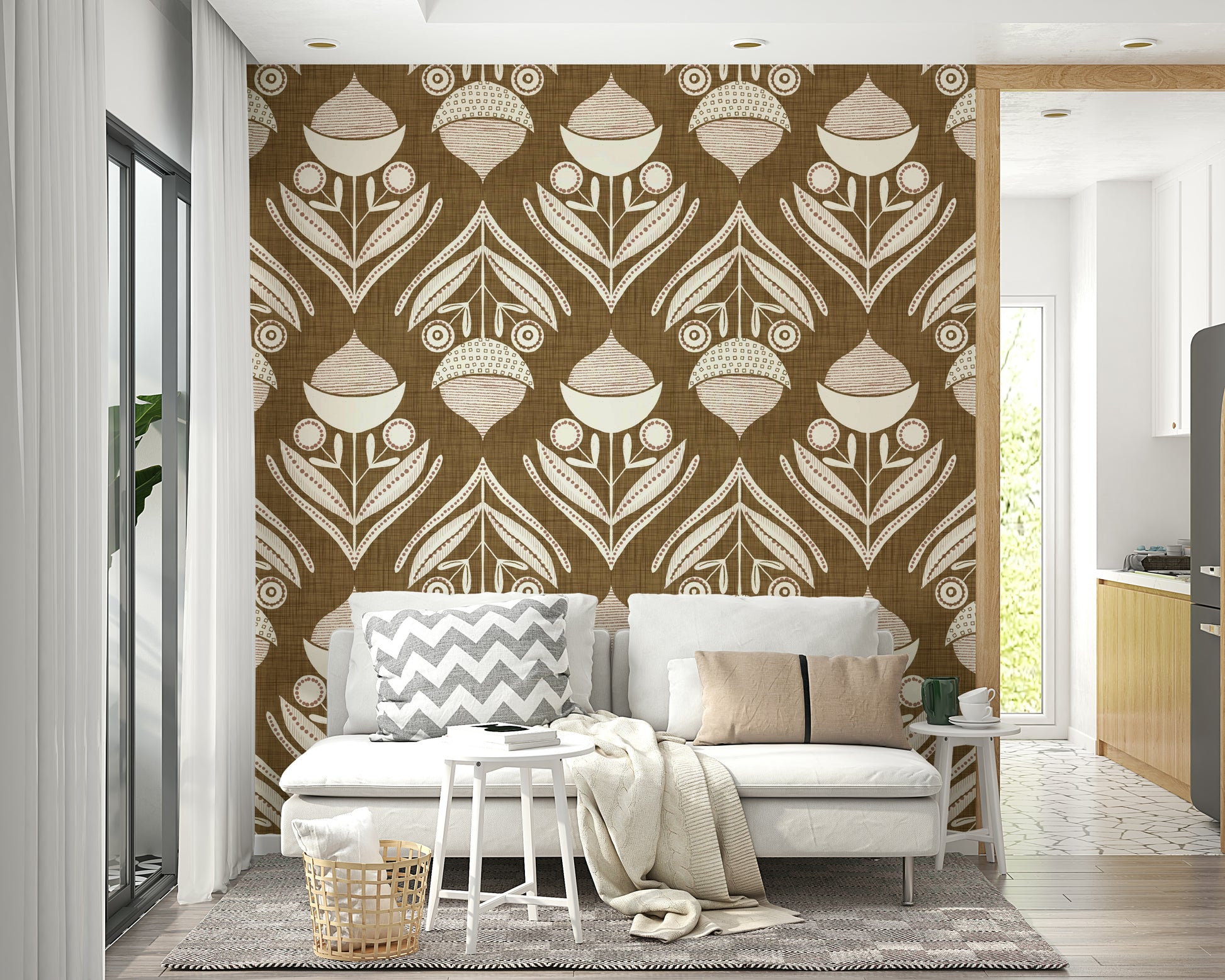 Decorative wallpaper mural with earthy brown tones and ornamental folk-style floral designs.
