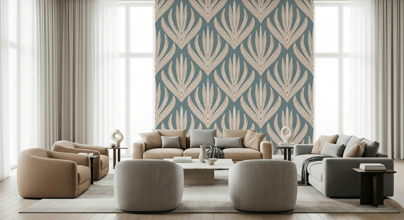 Floral Geometry in Muted Blue wallpaper featuring symmetrical cream botanical motifs on a soft blue background.