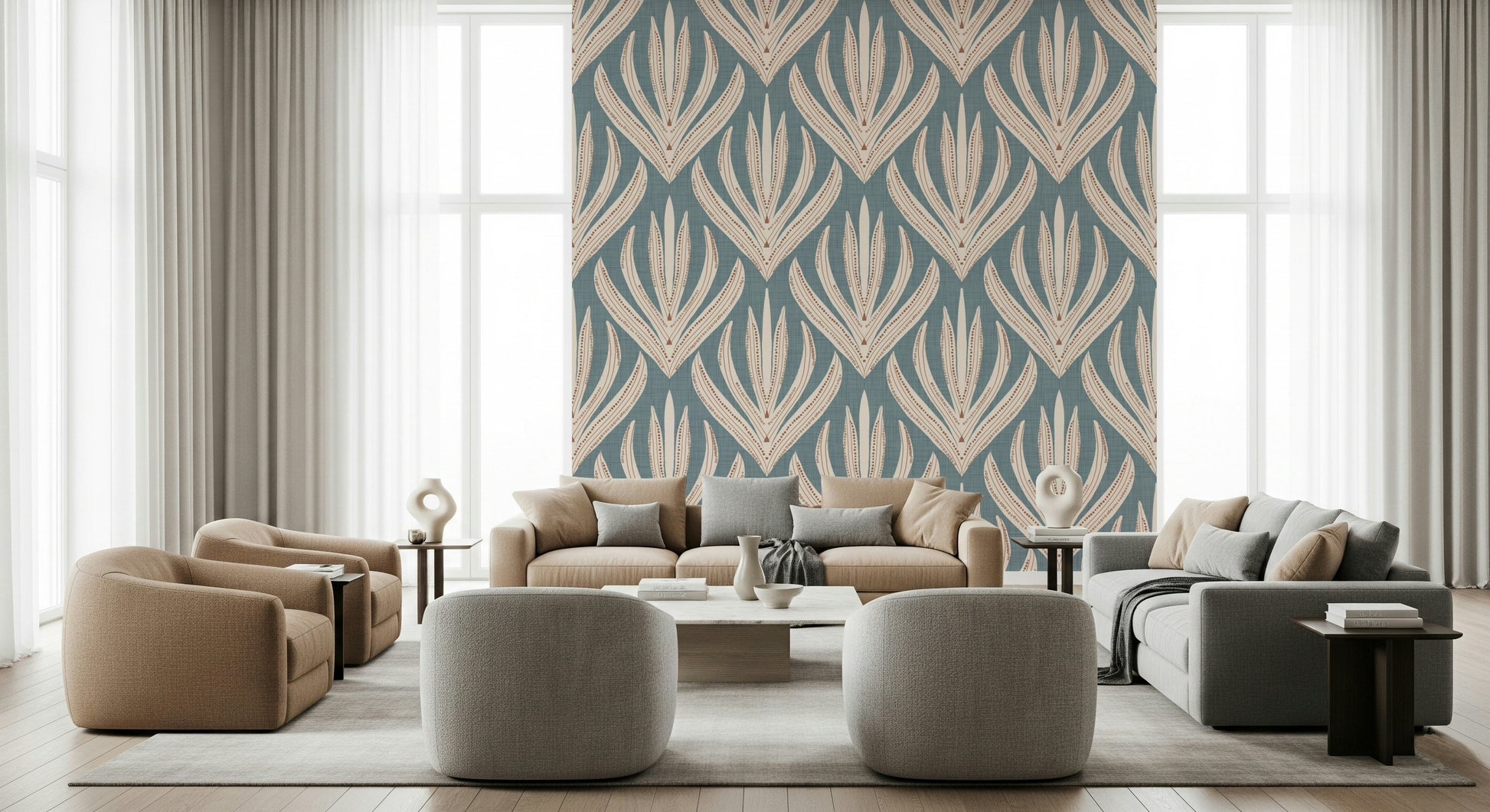 Floral Geometry in Muted Blue wallpaper featuring symmetrical cream botanical motifs on a soft blue background.